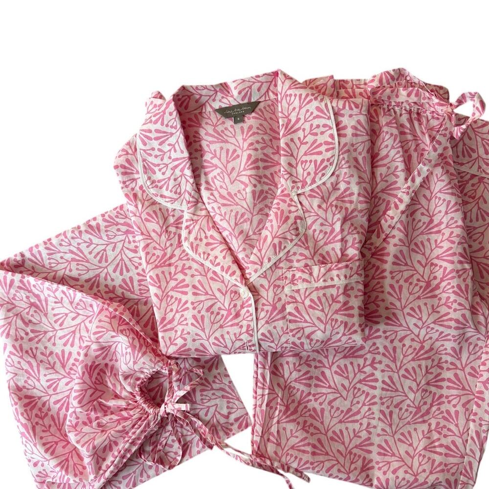 Lime Tree Design England Pink Cotton Pajama Set Small Travel Bag Pockets